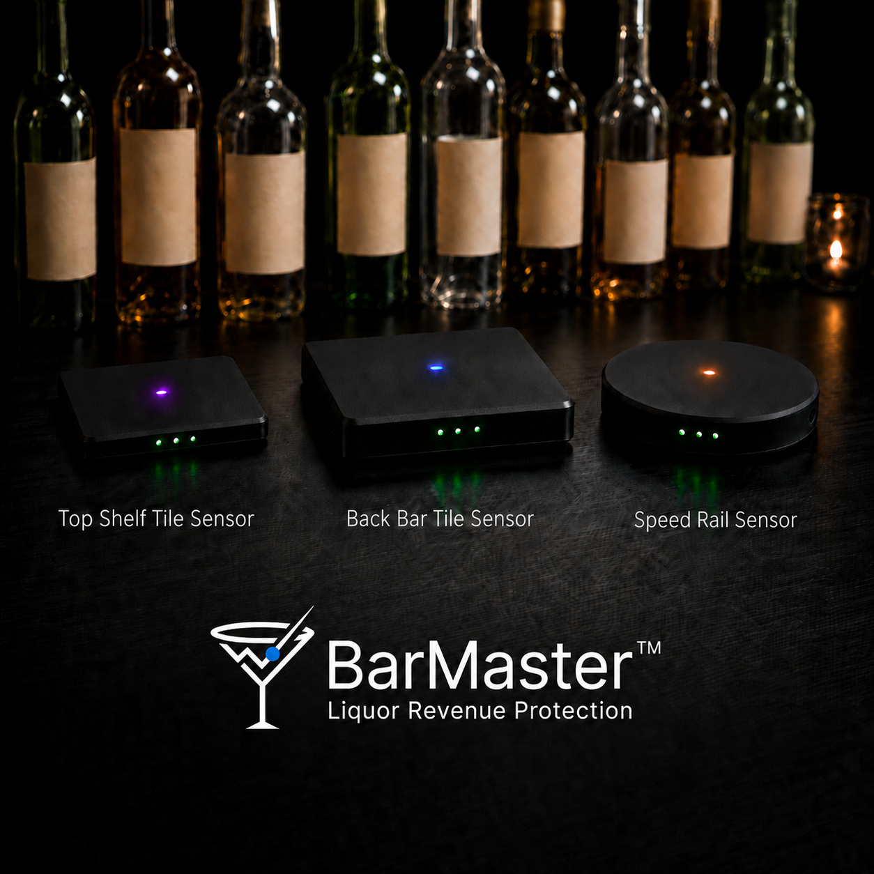 BarMaster™ sensor family — Top Shelf Tile Sensor, Back Bar Tile Sensor, and Speed Rail Sensor shown on a dark bar surface