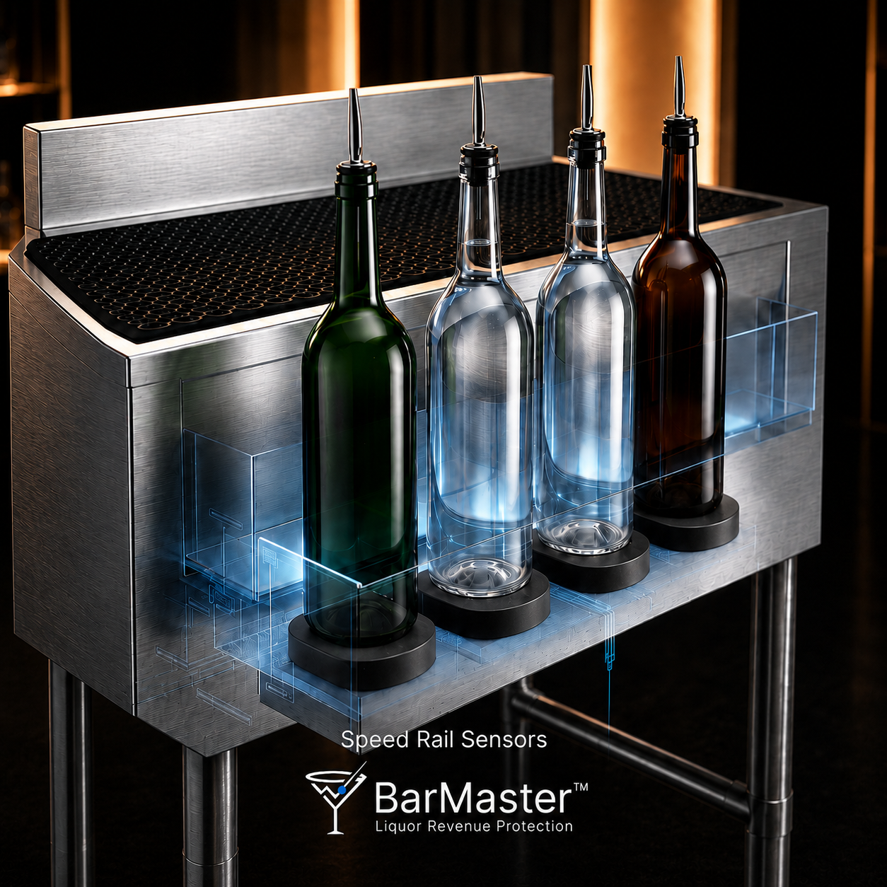 BarMaster™ Speed Rail Sensors — wireless load-cell sensors beneath bottles on a bar speed rail