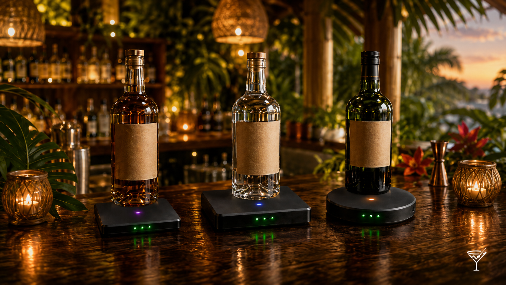 Premium liquor bottles illuminated on BarMaster™ Back Bar Tile Sensors, each glowing a different color
