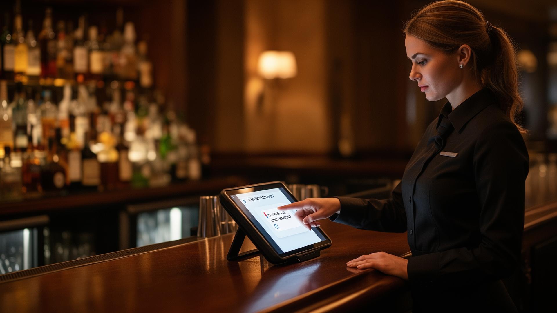 Bartender selecting an explanation reason on a bar-side tablet