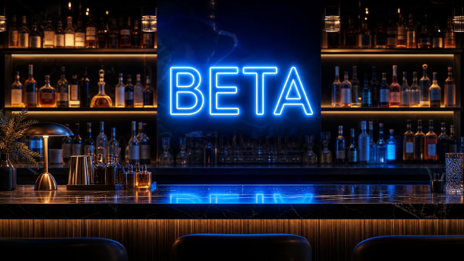 A modern bar backlit with a glowing blue BETA neon sign above liquor bottles