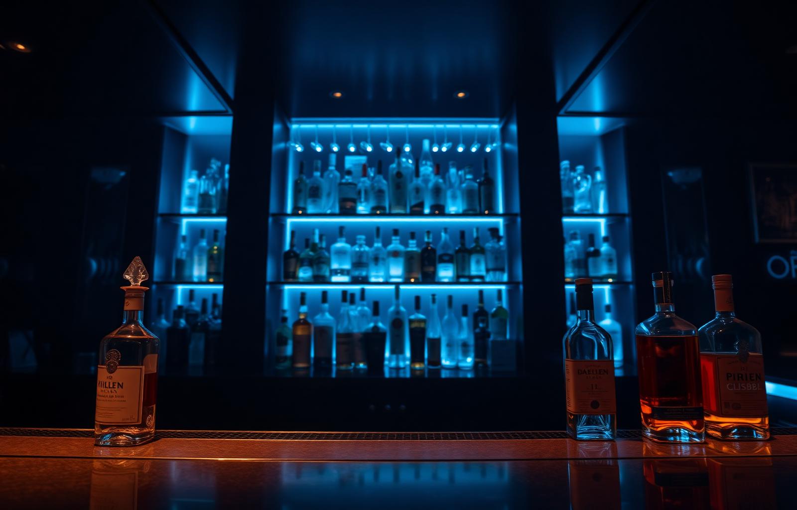 Premium back bar with bottles softly backlit in blue