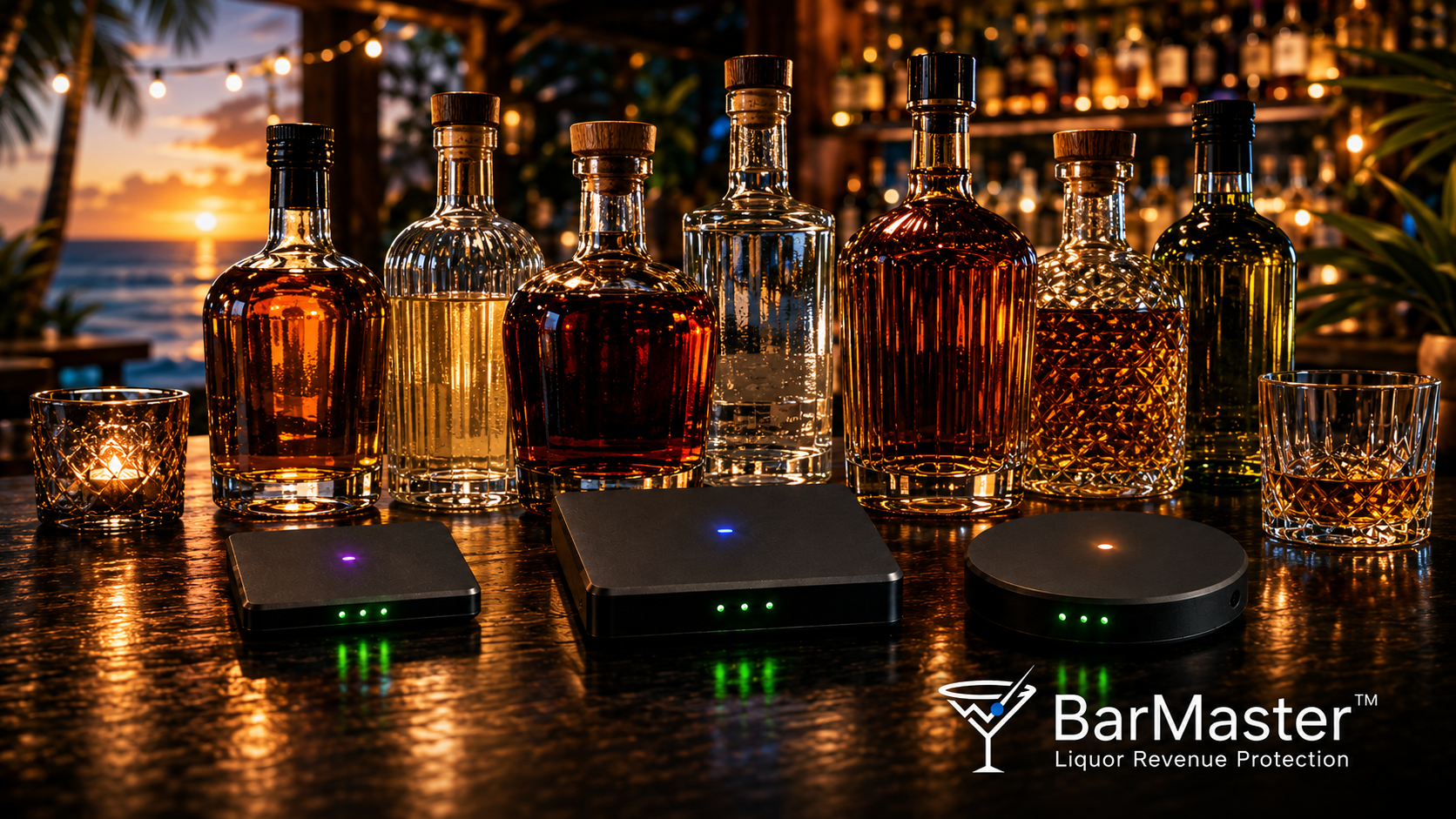 Premium bottles resting on BarMaster™ sensor pads with status LEDs glowing in a tropical bar setting at sunset