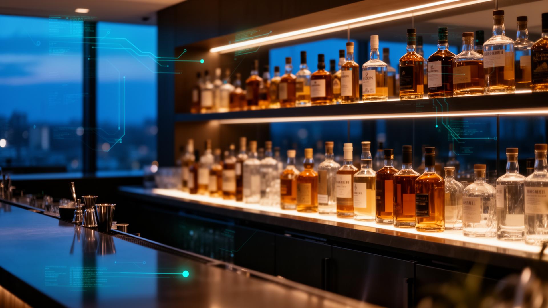 Premium back bar shelf of liquor bottles with subtle data overlay representing invisible monitoring
