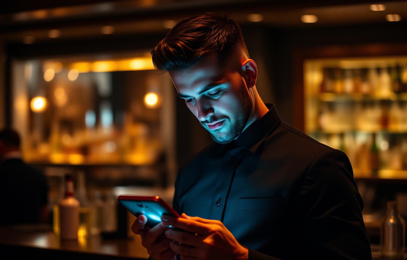 Hospitality manager reviewing a real-time alert on his phone in a dim upscale bar