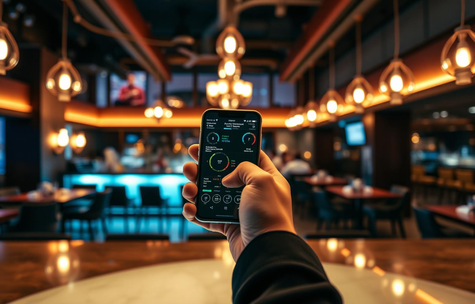 Operator's hand holding a phone with a live dashboard at an upscale bar