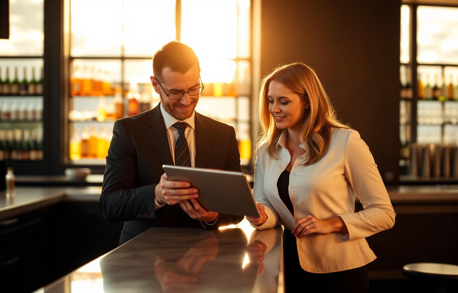 Two hospitality operators reviewing analytics on a tablet at a sleek bar before service