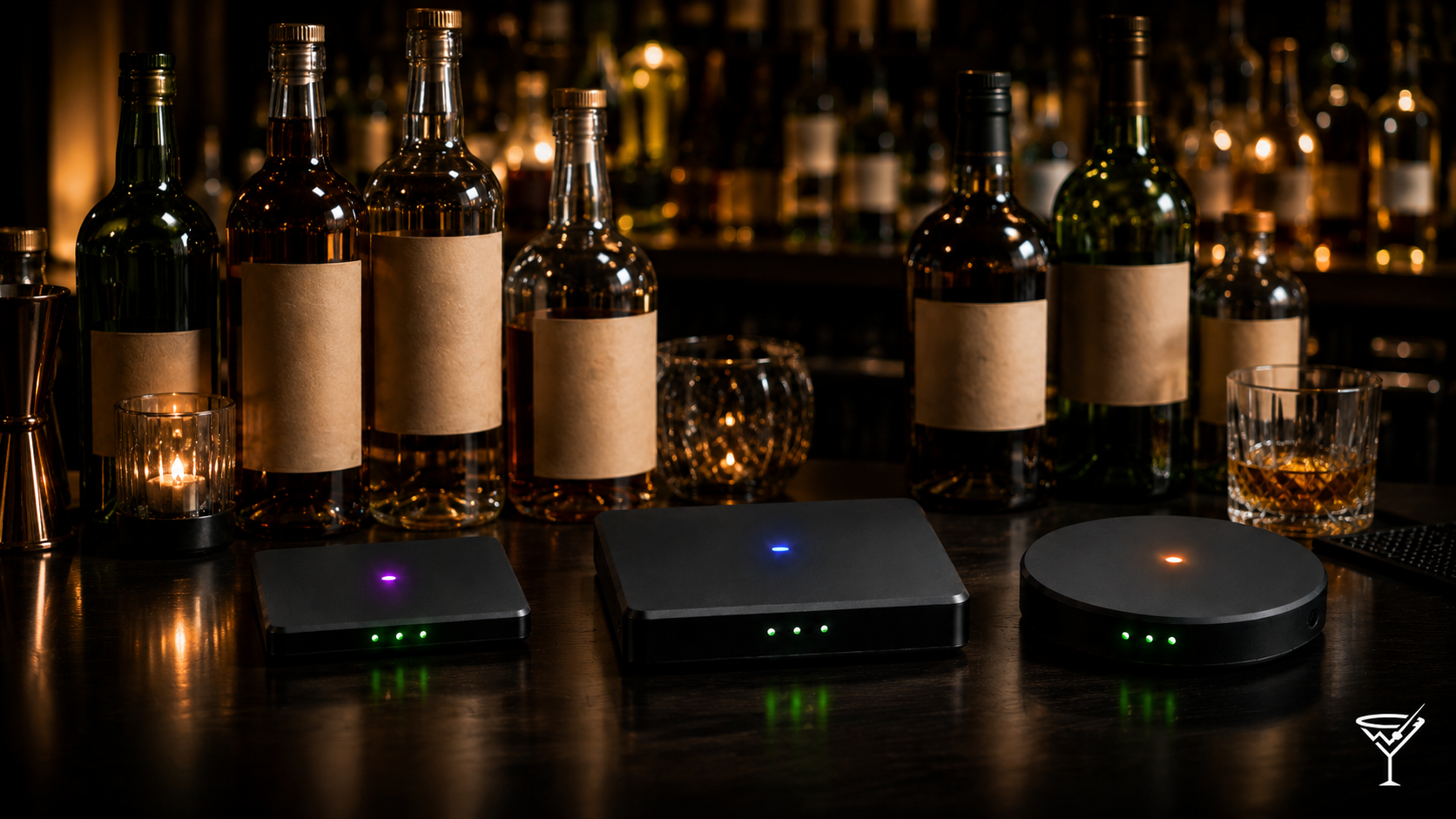 The BarMaster™ hardware family: Top Shelf Tile Sensor, Back Bar Tile Sensor, and Speedwell Sensor shown together on a back bar