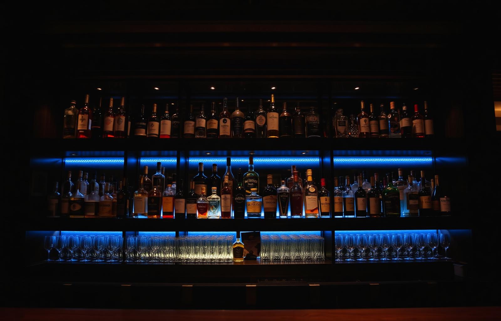 Premium back bar shelves with bottles and glassware lit by warm and blue accents