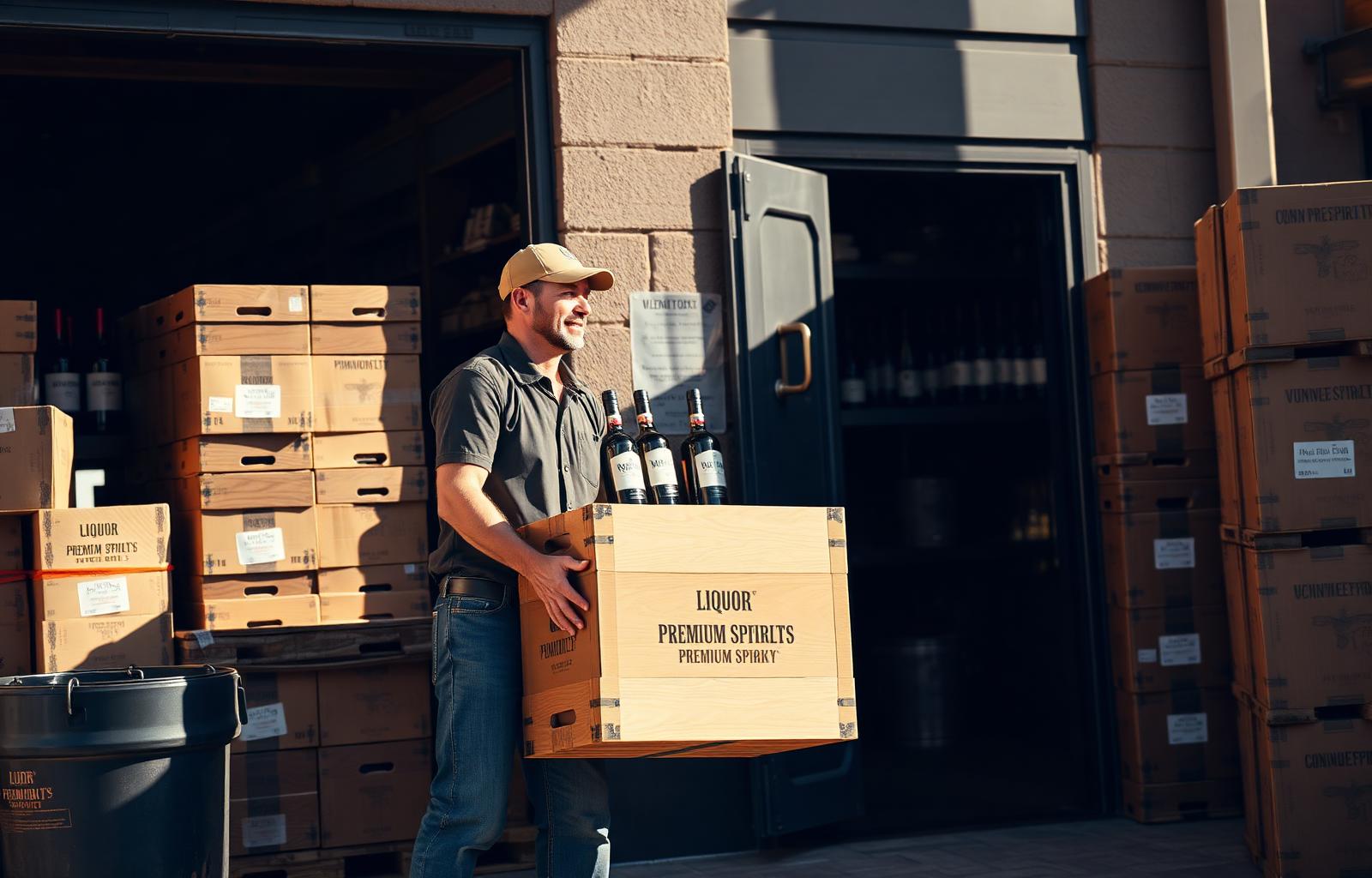 Distributor delivering wooden cases of premium spirits to a bar's back door