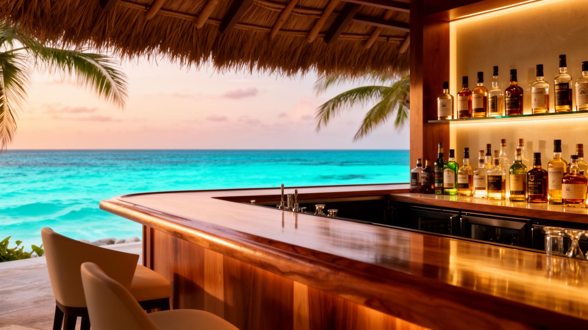 Open-air resort bar overlooking a turquoise Caribbean sea