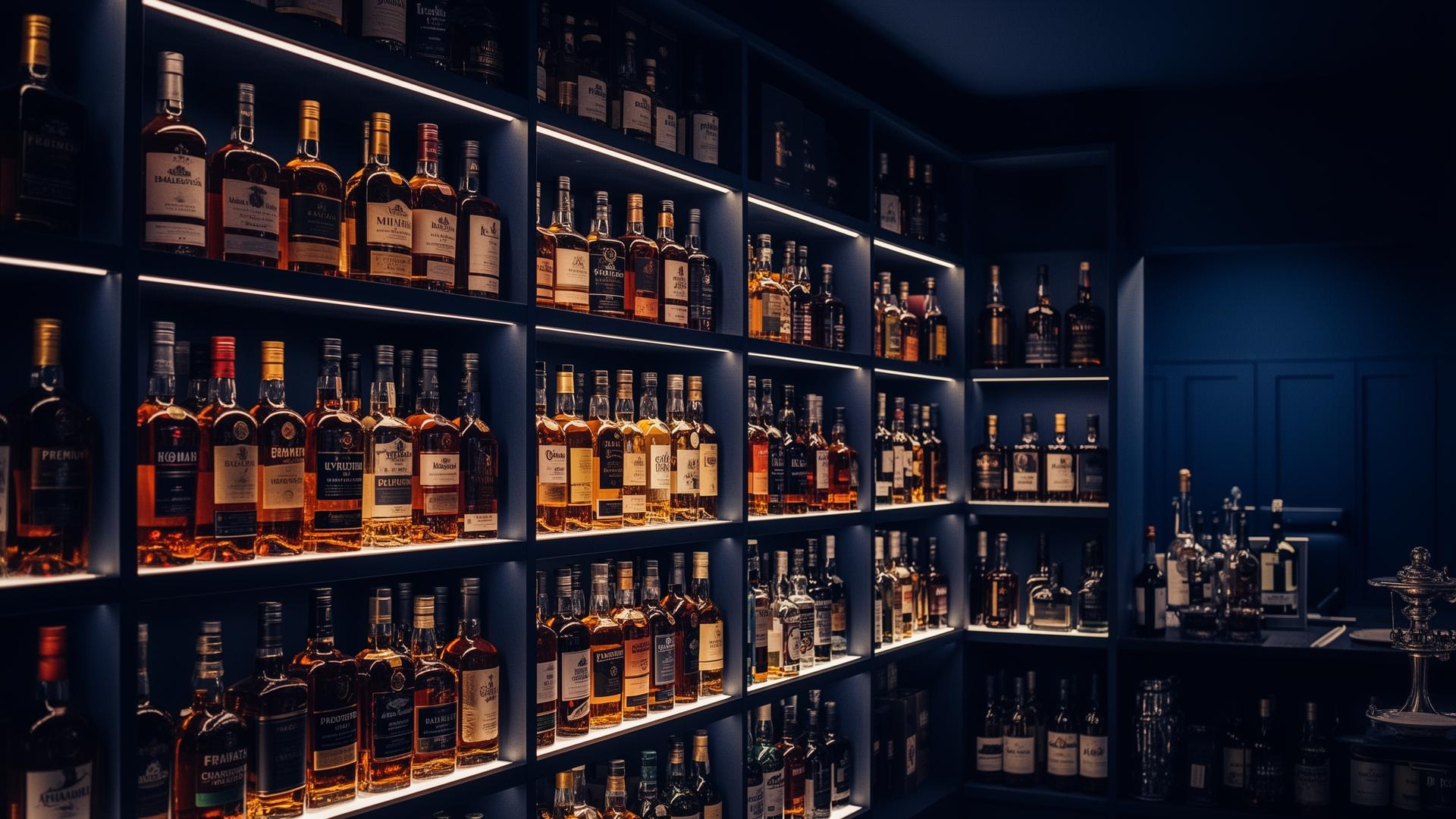 Premium liquor stockroom with organized bottles on illuminated shelves